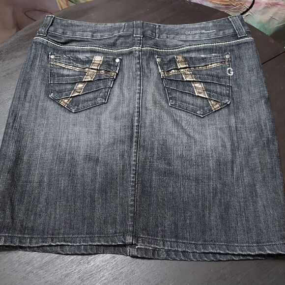 Guess denim skirt size 31 length 18 5". Embroidered logo and embellished rear po - Picture 3 of 8